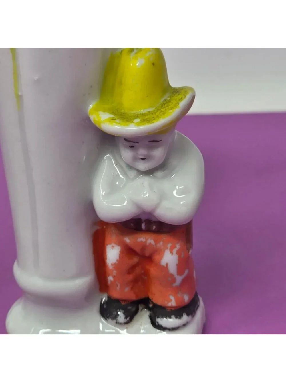 Vintage Hand-Painted Ceramic Bud‎ Vases With Boy & Dog Designs Tall Set Of 2